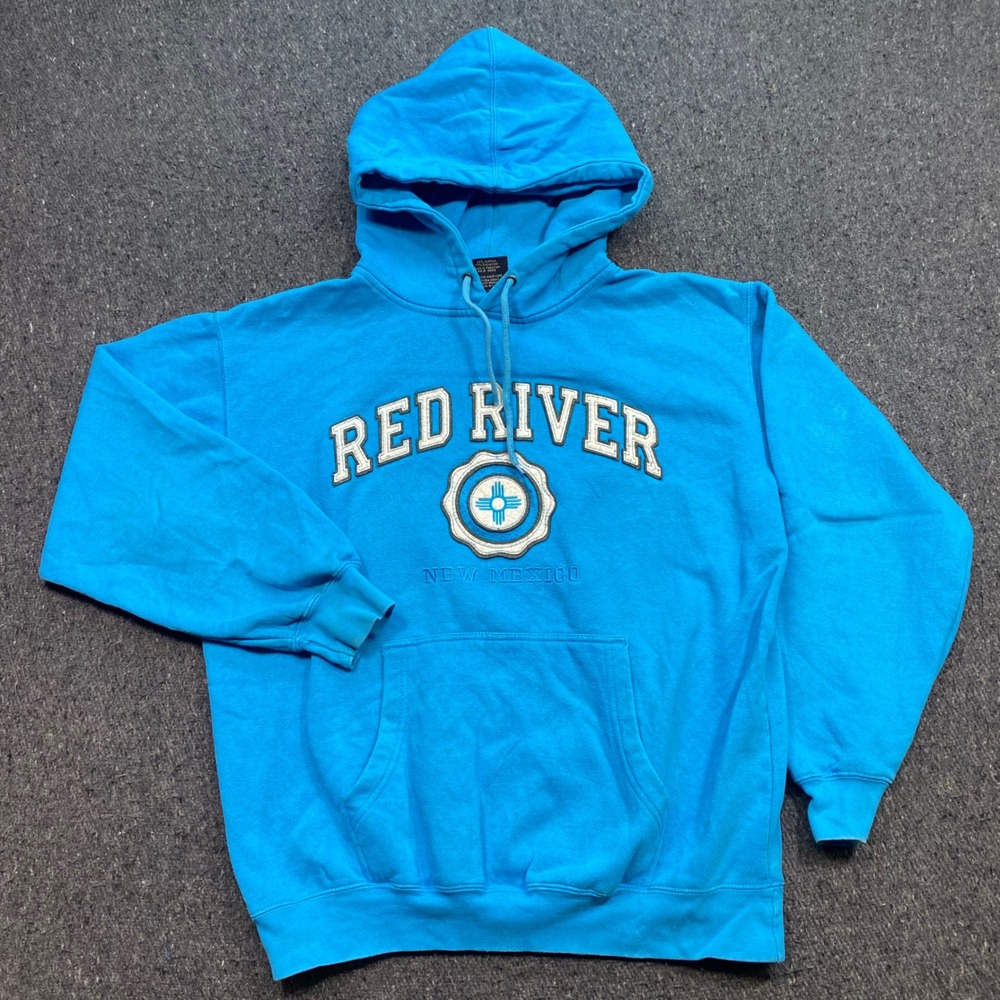 Prairie Mountain Red River Hoodie‎ Sz L Mens Blue Boho Gorpcore Zia Sun Symbol